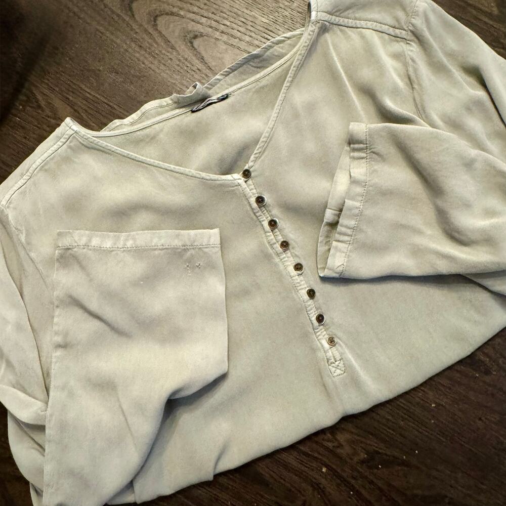 Boho Festival Ren Faire Peasant Blouse Sage Green Long Sleeve Tunic Distressed